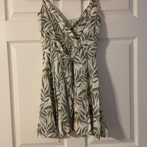 Blue Rain Green Leaf Print Mini Dress